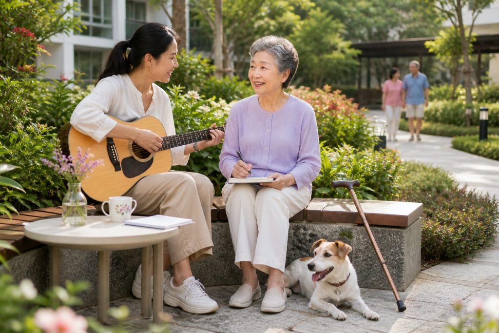 Elderly person engaging in music therapy session